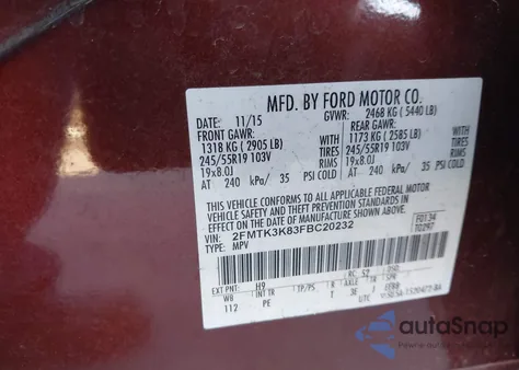 2015 Ford Edge Titanium from USA, damaged, VIN 2FMTK3K83FBC20232